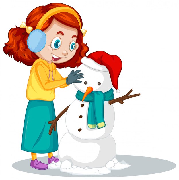 Girl making snowman on white