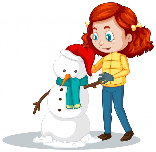 Girl making snowman on white