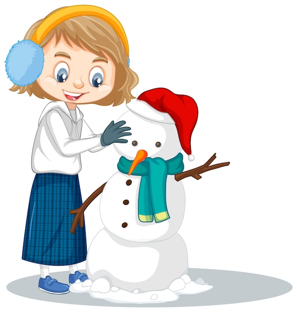 Free vector girl manking snowman on isolated