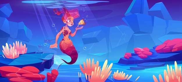 Бесплатное векторное изображение Девушка-русалка с маленькой рыбкой под водой в океане. векторная карикатура на морское дно с морскими растениями, животными и красивой женщиной-рыбой с рыжими волосами и хвостом