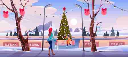 Free vector girl mother on christmas ice rink with fir tree