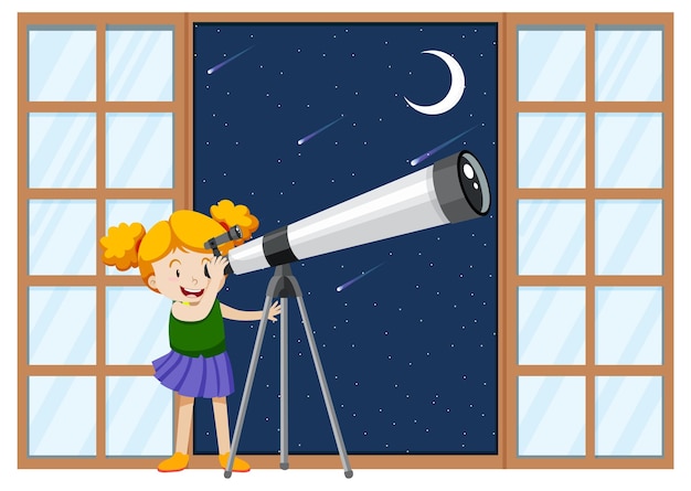 A girl observe night sky with telescope