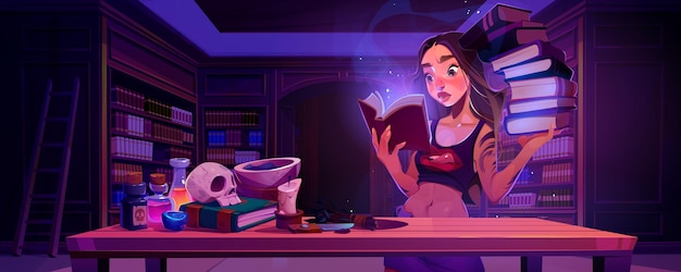 Бесплатное векторное изображение Девушка открыла книгу в библиотеке школы магии.