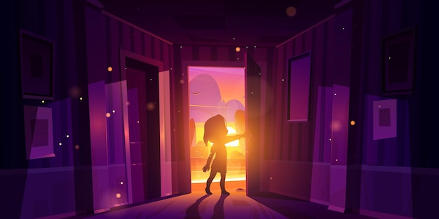 Бесплатное векторное изображение Девушка открытая дверь входит в дом на закате