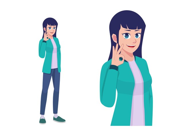 幸せなクールな表現のポーズの漫画イラストを立っている女の子または女性 プレミアムベクター