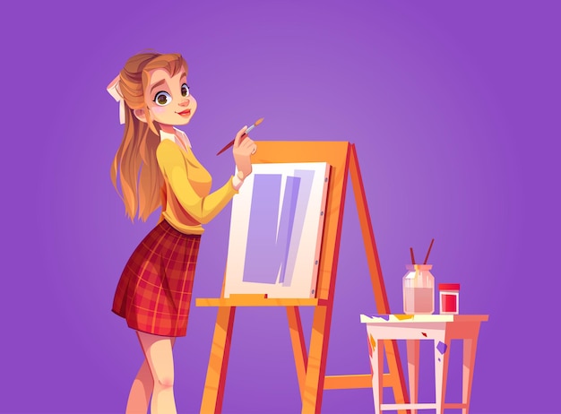 女の子の画家は、ブラシで帆布に描きます。絵筆、絵筆とイーゼル、塗料とスツール、水とガラスの瓶と美しい女性アーティストのベクトル漫画イラスト