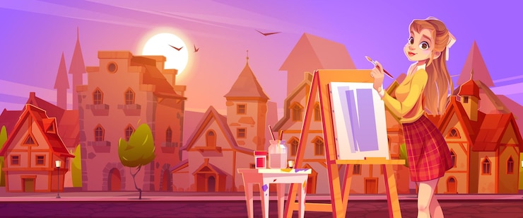 मुफ़्त वेक्टर girl painter with brush and easel on german city street at sunset. vector cartoon illustration of town with old half-timbered houses and woman artist painting on canvas
