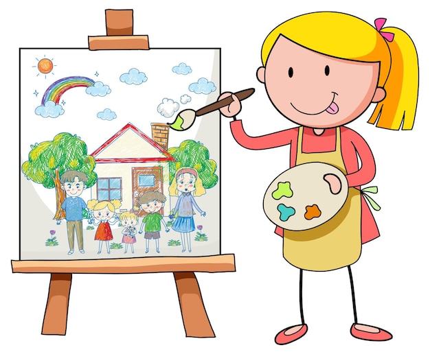 A girl painting house and family