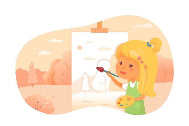 Бесплатное векторное изображение Девушка рисует пейзаж талантливый подросток с кистью рисует картину природы на мольберте мультипликационный персонаж урок школы искусств