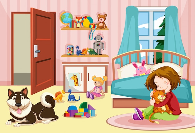 Free vector girl and pets in bedroom