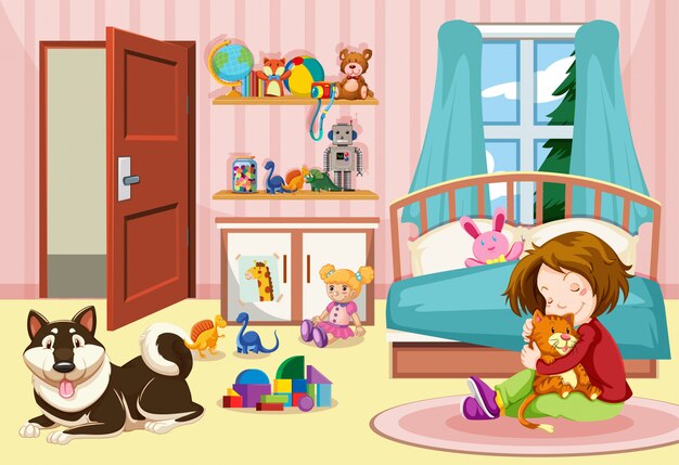 Girl and pets in bedroom