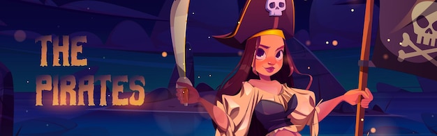Girl pirate holding sword and black flag with skull