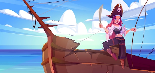 Vettore gratuito ragazza pirata con spada sul capitano donna sul ponte della nave