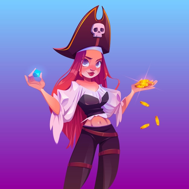 Girl pirate with treasure, female captain with red hair and hat with skull sign.