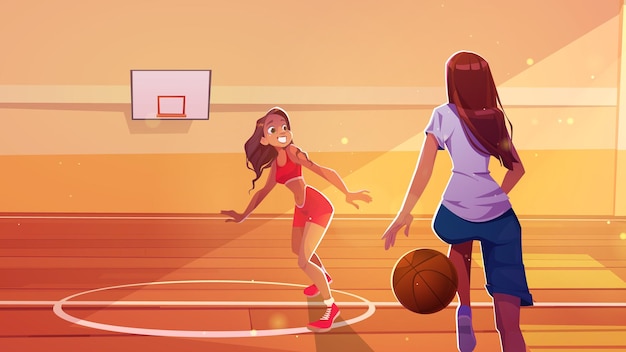 Free vector girl play on school basketball court hall cartoon vector background indoor gymnasium field in gym interior with teen training wooden parquet in university playground area game competition graphic