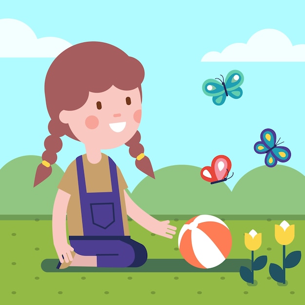 Free vector girl playing ball on a meadow with flowers