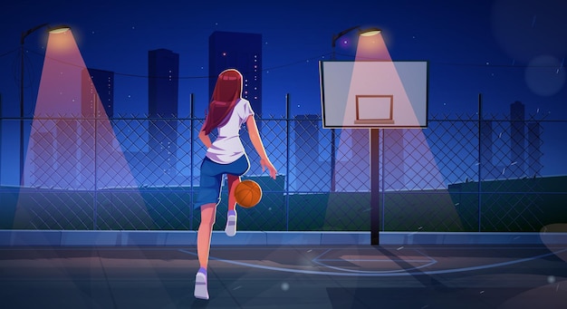 Girl playing basketball on outdoor court at night