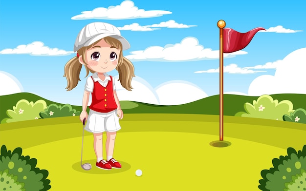 Девушка играет в гольф на открытом поле для гольфа