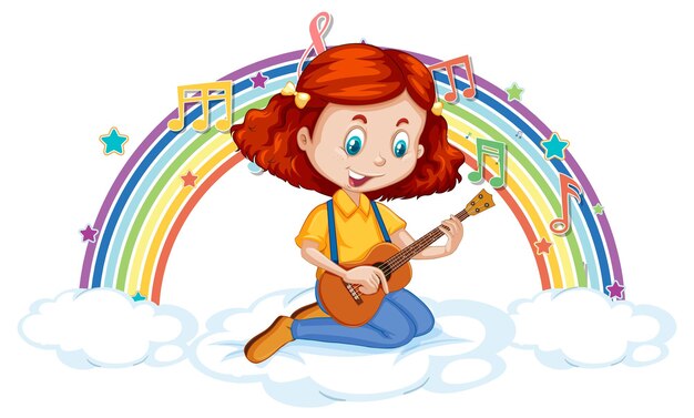 Girl playing guitar on the cloud with rainbow