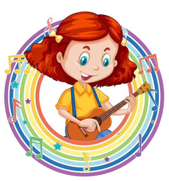 メロディーのシンボルと虹のラウンドフレームでギターを弾く女の子