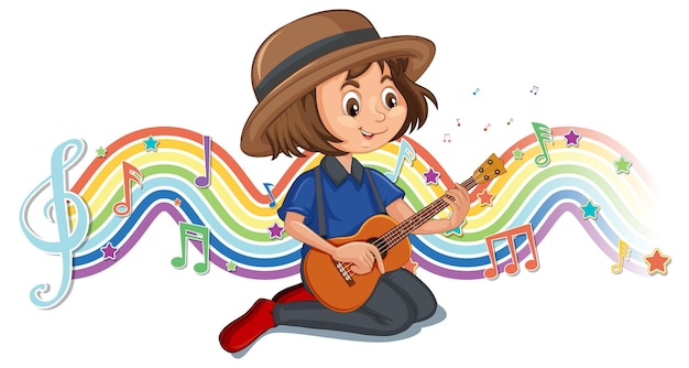 Girl playing guitar with melody symbols on rainbow wave