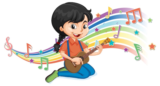 Free vector girl playing guitar with melody symbols on rainbow wave