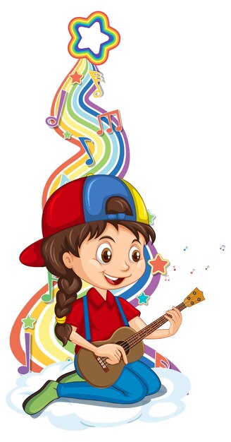 Девушка играет на гитаре с символами мелодии на радужной волне