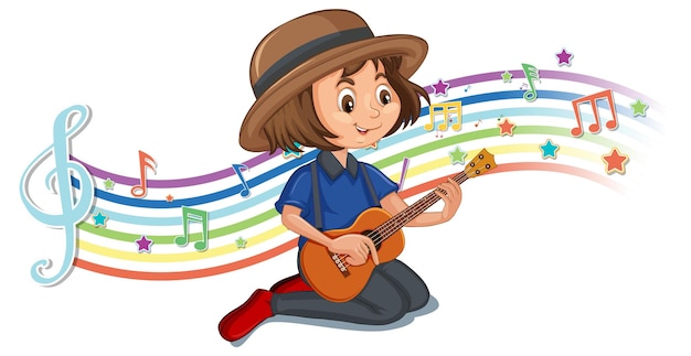 Free vector girl playing guitar with melody symbols on rainbow wave