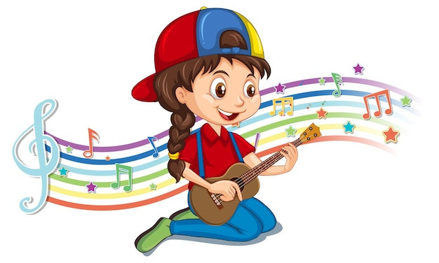 Girl playing guitar with melody symbols on rainbow wave