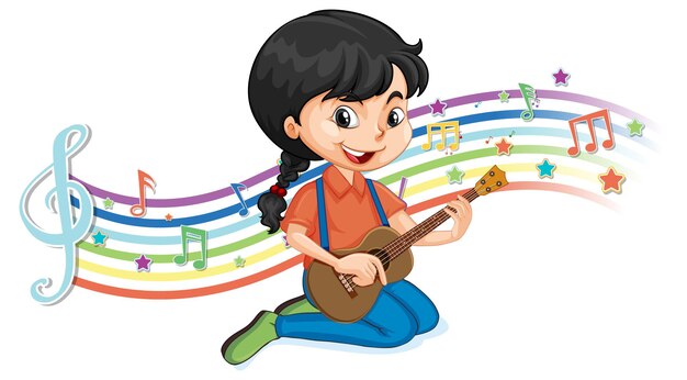 虹の波のメロディー記号でギターを弾く少女