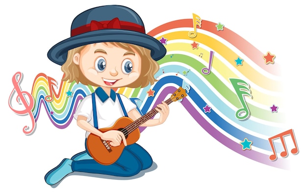 Girl playing guitar with melody symbols on rainbow wave