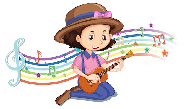 무지개 파도에 멜로디 기호로 기타를 연주하는 소녀