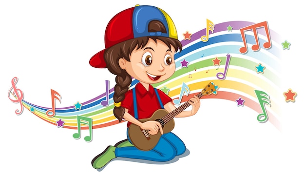 Girl playing guitar with melody symbols on rainbow wave