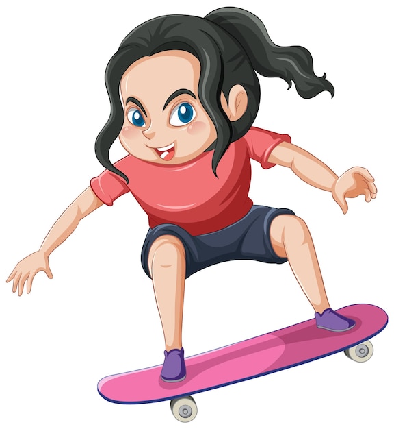 Девушка играет на скейтборде на белом фоне