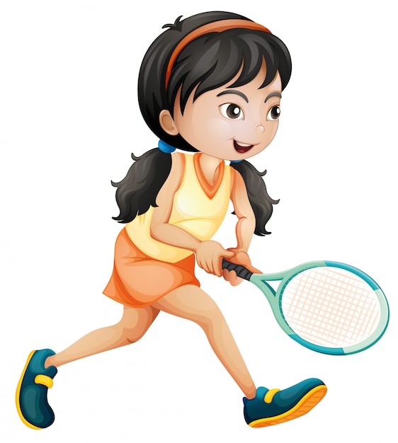 Девушка играет в теннис на белом фоне