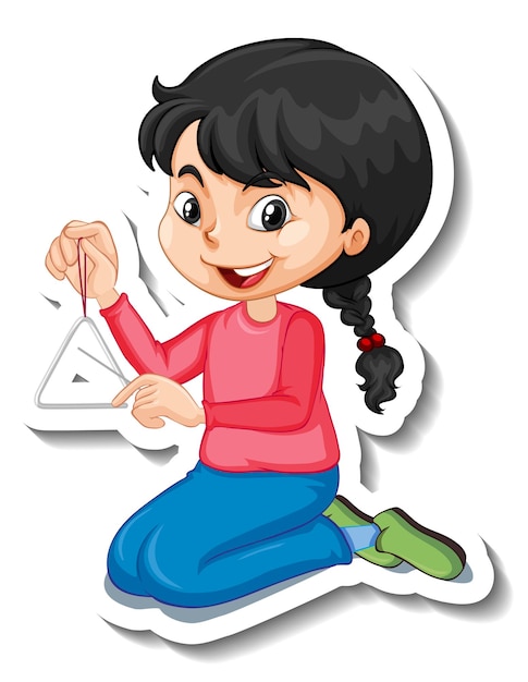 Free vector a girl playing triangle cartoon character sticker