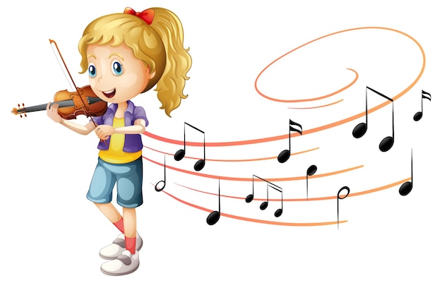 Una ragazza che suona il violino con simboli di melodia su sfondo bianco