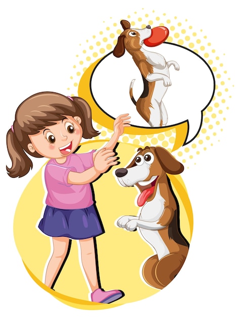A girl playing with dog with an empty callout