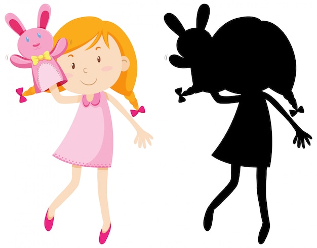 Free vector girl playing with doll hand in colour and silhouette