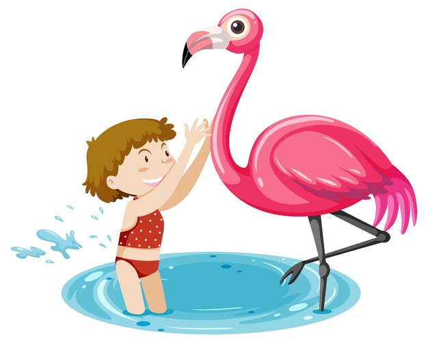 A girl playing with flamingo isolated