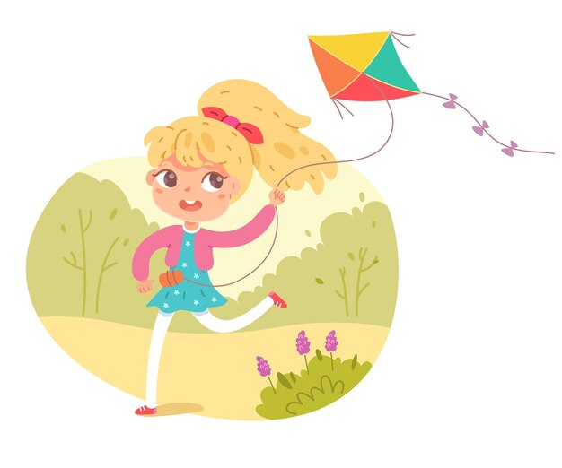 Девушка играет с летающим змеем в парке или на детской площадке счастливый ребенок занимается активным отдыхом Ребенок бегает с игрушкой на природе деревья и цветы на заднем плане