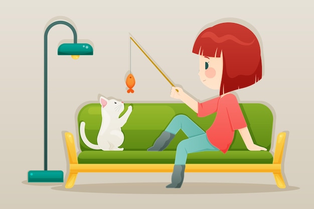 Free vector girl playing with her cat illustration