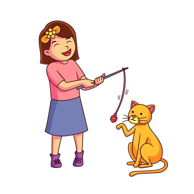 Девочка играет со своей кошкой
