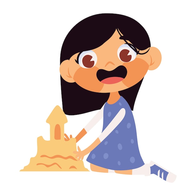 Girl playing with sand castle icon isolated white background