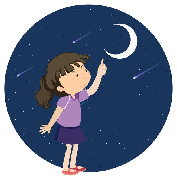 A girl pointing finger to the moon