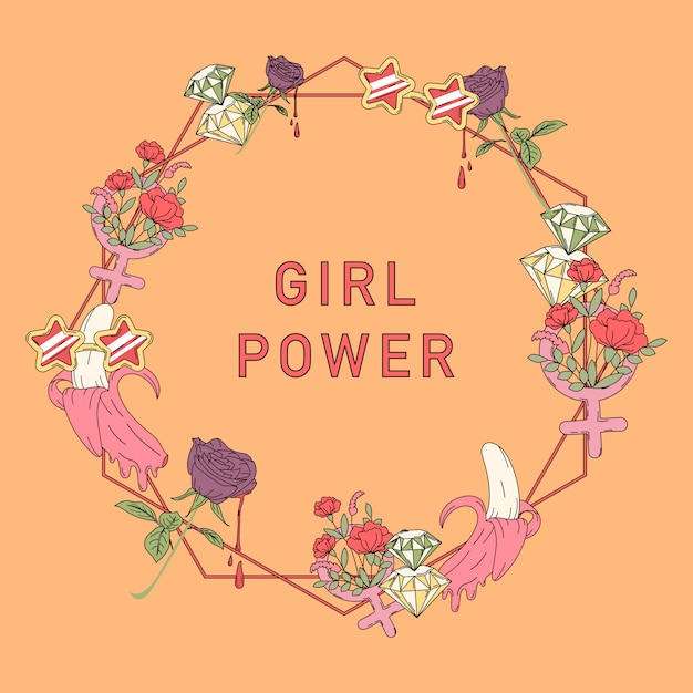 Girl power flower frame vector