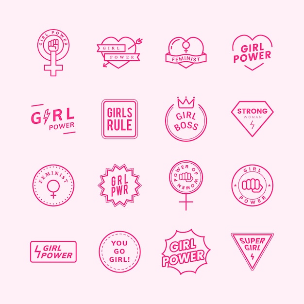 Free vector girl power mixed emblems set illustration