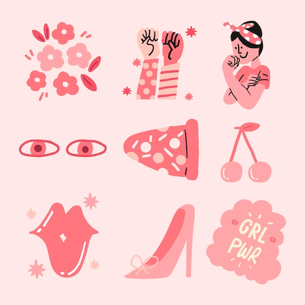 Бесплатное векторное изображение Набор векторных стикер силы девушки в розовом монохромном