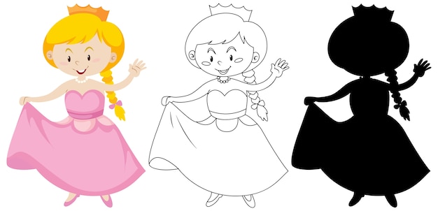 Vettore gratuito ragazza in costume da principessa di colore e contorno e silhouette