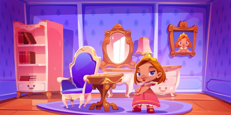 Free Vector girl in princess room wear cute dress and crown